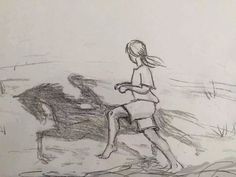 a pencil drawing of a girl playing with a frisbee on the beach next to a horse