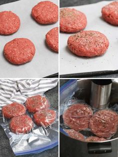 hamburger patties being cooked in an air fryer and then put into the oven