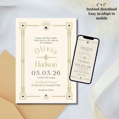 the wedding card is next to an envelope with a cell phone on it and ribbon