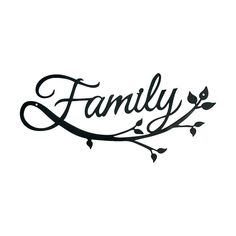 the word family written in cursive writing on a white background with leaves and branches