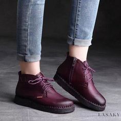 Lasaky - Handcrafted Vintage Leather Short Boots with Side Zipper and Lace-Up Design - Comfortable Flat Sole Ankle Boot Women's Booties, Girls Ankle Boots, Short Leather Boots, Handmade Boot, Leather Short, Ankle Boots Flat, Genuine Leather Shoes, Comfortable Flats, Prom Shoes