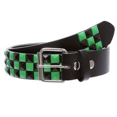 PRICES MAY VARY. Snap on, interchangeable roller buckle Green & Black checkerboard studs have rounded prongs on the backs to prevent snagging on pants like all studded belt owners know about. Material: synthetic leather with quality PU leather Width: 1 1/2" (38 mm) Sizing: This belt is measured from inside edge of buckle to the center hole, the 3rd hole from the tip end. order 2 inches larger than pants size for best fit. e.g. XS 27"-29" fits pants size 25"-27"; S 30"-32" fits pants size 28"-30" Rainbow Studded Belt, Emo Studded Belt, Red Studded Belt, Stud Belts, Emo Belts, Neon Punk Fashion, Scene Costume, Scene Kid Outfits, Scene Kid Fashion