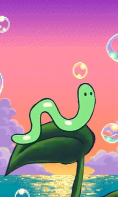 an animated image of a green worm sitting on top of a leaf in the water