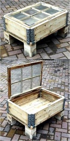 an old bed is made out of pallet wood and has windows on the sides