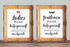 two framed pictures with the words ladies please, help yourself and gentlemens on them