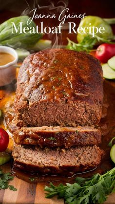 the meatloaf is sliced and ready to be eaten on the plate with sauce