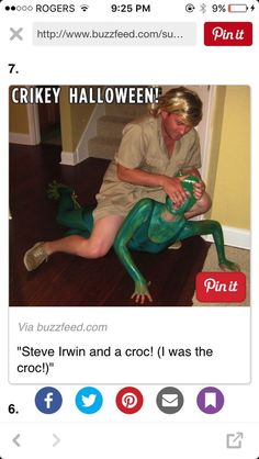 an image of a man dressed as a frog on the floor with caption that reads, crikey halloween steve livn and croci was the croc