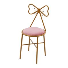 a chair with a bow on the back and pink seat pad in front of it