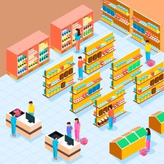 an illustration of people shopping in a grocery store with shelves full of food and drinks