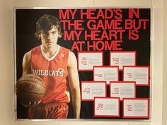 a bulletin board with an image of a young man holding a basketball in front of him