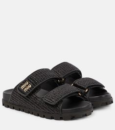 Logo raffia-effect sandals Miu Miu Sandals, Zara Sandals, Pretty Shoes Sneakers, Classy Shoes, Bow Sandals, Black Espadrilles, Girly Shoes, Black Accessories, Womens Ballet Flats