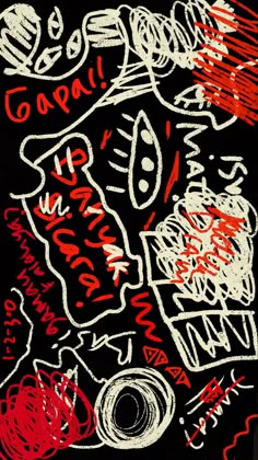 an abstract painting with red, white and black inks on a black paper background