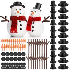 two snowmen standing next to each other with different types of screws and pins