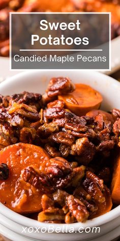 sweet potatoes with candied maple pecans in a white bowl on a wooden table