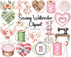 sewing watercolor clipart set with pink and green yarn, scissors, spools