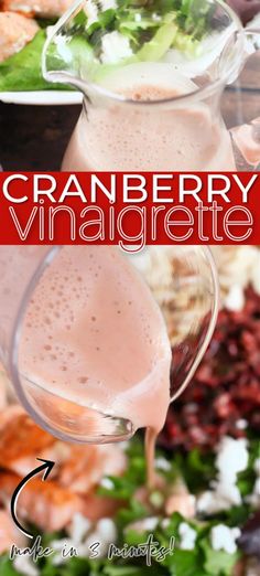 cranberry vinaigrette is being poured into a pitcher