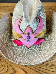 This one of a kind pink embellished burnt velvet cowgirl hat gives you that edge! Part of a limited "Burnt Velvet" collection it is a unique statement piece that can be worn with jeans or to Burning Man ;-) Fitted Western Pink Hat, Pink Western Hat For Ranch, Pink Country Style Hat For Ranch, Pink Country-style Hat For Ranch, Country Style Pink Hat For Ranch, Pink Western Straw Hat For Rodeo, Pink Straw Hat With Curved Brim For Rodeo, Pink Western Hat Bands For Rodeo, Pink Short Brim Straw Hat For Rodeo