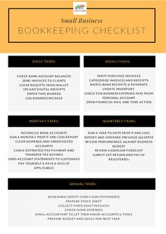 the small business bookkeeper checklist is shown in black and white, with yellow accents