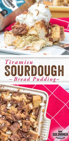 a close up of a plate of food with bread pudding on it and the words, triumph sourdough bread pudding