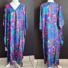 New! Women’s One Size Fits Most 100% Polyester Blue Purple Floral Blue Printed Long Maxi Dress, Blue Maxi Dress With Colorful Pattern For Vacation, Vintage Blue Maxi Dress For Vacation, Purple Lined Beach Dress, Vacation Purple Printed Maxi Dress, Blue Long Floral Print Kaftan, Long Blue Floral Print Kaftan, Blue Long Kaftan With Floral Print, Vibrant Blue Dresses With Colorful Pattern