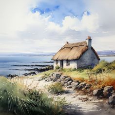 a painting of a house by the water with a thatched roof and grass on the ground