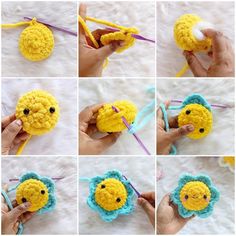 crocheted smiley face with yarn and knitting needles to make it look like an emo chick