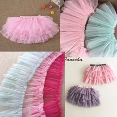 three pictures of different colored tulle skirts and one is pink, blue, green, white