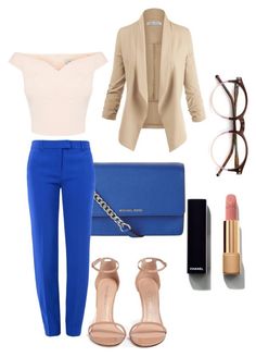 "work ethics" by tessa-cassie ❤ liked on Polyvore featuring MICHAEL Michael Kors, Boutique Moschino, Stuart Weitzman, Wildfox and Chanel Ann Taylor Outfit, Palazzo Outfit, Mode Ab 50, Work Ethics, Outfit Mujer, Boutique Moschino, Formal Looks, Blue Pants