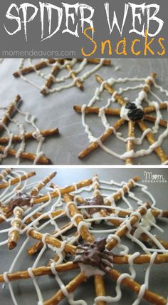 the spider web snack is made with pretzels and marshmallows for halloween