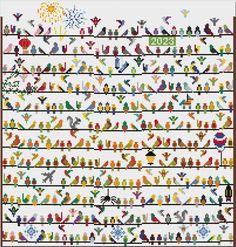 a cross stitch pattern with birds and flowers on the border, which is in different colors