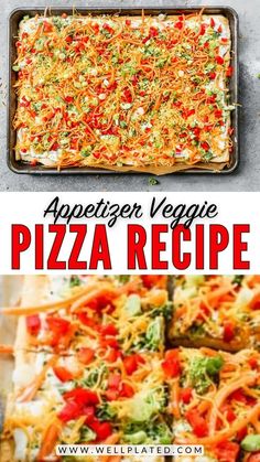 an appetizer veggie pizza recipe is shown in this collage with the title