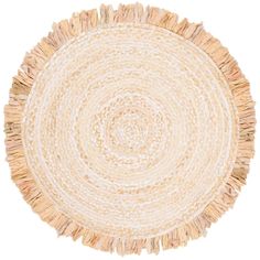 a round rug with fringes on the bottom in white and beige colors, against a white background