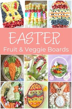 a selection of Easter themed vegetable and fruit trays. Fruit shaped like Easter bunny, giant carrot, bread Easter bunny and more. Easter Vegetables Tray, Easter Fruit Tray, Easter Bunny Fruit, Veggie Tray Ideas, Easter Vegetables, Easter Platter, Easter Fruit