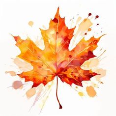 an orange maple leaf with watercolor splashes on it's leaves are brown, yellow and red