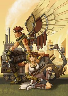 two people sitting on the ground next to an old fashioned motorcycle with steam punk artwork