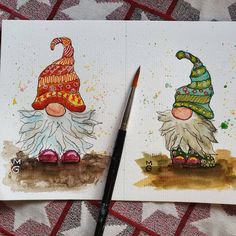 two paintings of gnomes on paper with paintbrushes next to each other,