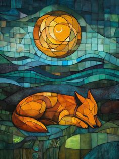 a painting of a sleeping fox with the sun in the background