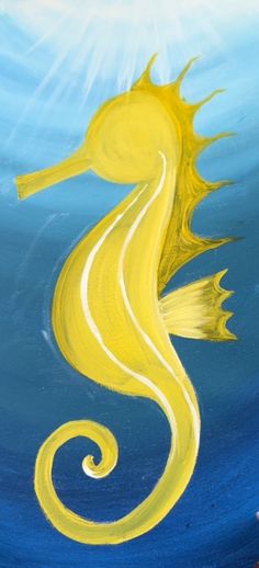 an acrylic painting of a yellow seahorse on blue water with sun rays