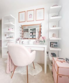 a white desk topped with a pink chair next to a shelf filled with lots of books