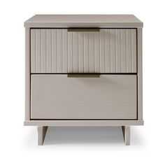 a white nightstand with two drawers on one side and an open drawer on the other