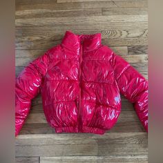 Red Cropped Glossy Puffer Jacket. Never Worn Glossy Puffer Jacket, Red Puffer Jacket, Red Puffer, Cute Outfits For School, School Outfits, Puffer Jacket, Lady In Red, Puffer, Cute Outfits