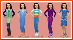 four different types of women's clothing for the same age and body type, all in various colors