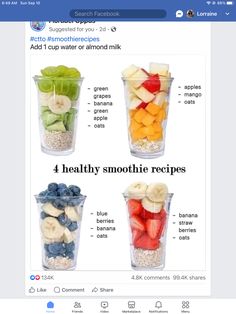 four cups filled with different types of fruit in each cup, and the words healthy smoothie recipes below