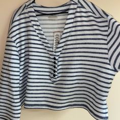 Nwt Urban Outfitters V-Neck Sweater With Buttons Striped Wider Sleeves Urban Outfitters White V-neck Tops, Casual Striped Top From Urban Outfitters, Urban Outfitters V-neck Crop Top, Striped V-neck Tops For Loungewear, Casual V-neck Top By Urban Outfitters, Striped V-neck Summer Tops, Urban Outfitters Striped Summer Tops, Urban Outfitters Striped Tops For Summer, Urban Outfitters Casual Crop Top For Loungewear