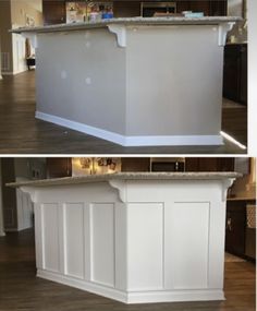 two pictures of the same kitchen island in different stages of construction