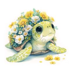 a painting of a turtle with flowers on its head and body, sitting in front of white background