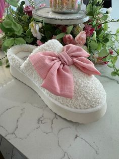 Darling Pink Bow Slippers featuring platform solid soles, shearing material and front pink bow. Runs True to Size Bow Slippers, Barbie Collection, New Arrival Dress, Pink Bow, Holiday Collection, Shoe Collection, 9 And 10, 4th Of July, Slippers