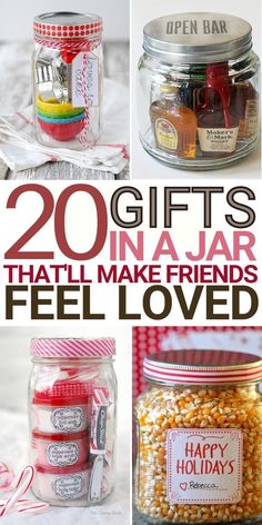 Gifts in a Jar Ideas DIY | These mason jar gift ideas are the perfect way to personalize each gift. Whether you need DIY gift ideas for a friend, bartender, new mother, or a baker, there is something here for the people on your gift list! #gifts #diygift #giftideas #christmas #presents #gift Handmade Gifts For Neighbors, Birthday Gifts Homemade Friends, $1 Christmas Gift Ideas, Diy Coffee Gifts Ideas, Christmas Presents For Best Friends Diy Gift Ideas, Diy Friend Christmas Gift Ideas, Birthday In A Jar Ideas, Gifts For Work Friends Christmas, Crafts To Make As Gifts