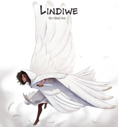 an illustration of a woman in white with wings flying over her head and the words lindiwe on it