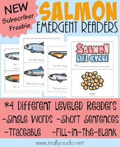 salmon emerger reader with four different levels to read and fill in the blanks